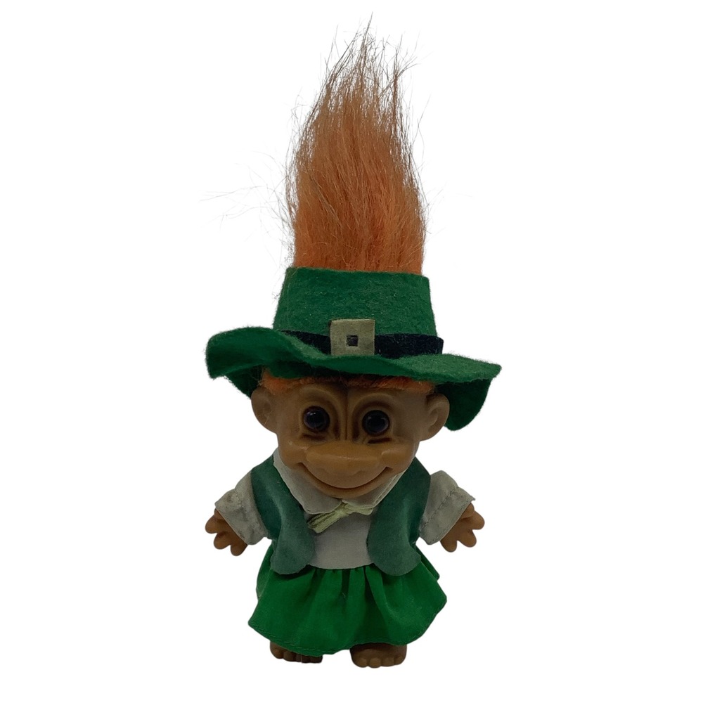 Vintage Russ St Patricks Day Leprechaun Troll Doll Orange Hair Green Outfit 8"